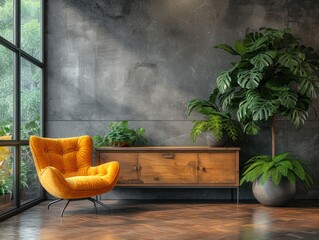 chair in front of a concrete wall and wooden cabinet, in the style of dark gray and dark beige