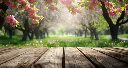 A beautiful spring background with an empty wooden table set in the outdoor nature, surrounded by blooming trees.
