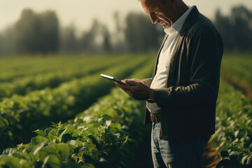 A farmer using a tablet in a green field, representing the integration of technology in agriculture. Concept of smart farming. Generative Ai.
