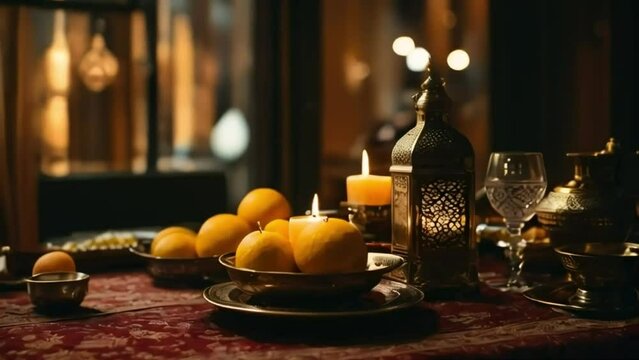 Table set with candles, fruit and cutlery