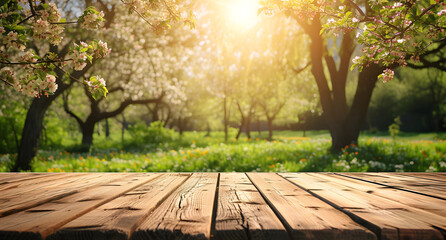Naklejka na ściany i meble A beautiful spring background with an empty wooden table set in the outdoor nature, surrounded by blooming trees.
