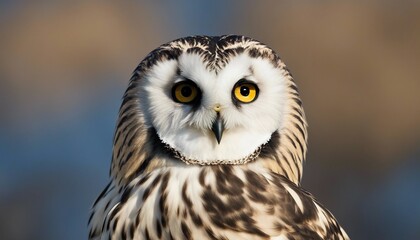 Obraz premium short eared owl portrait while flying on blue sky 