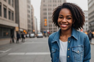 Young hipster black woman in a stylish denim jacket walking in the street, smiling and looking at the camera. - obrazy, fototapety, plakaty