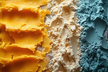 different types of flour, yellow and aquamarine,  