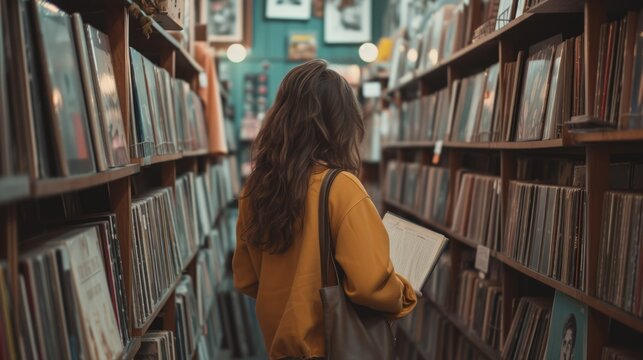 Store shelves in retro record store. Woman choose vinyl vintage music plate. Hipster girl listen to old fashion audio album. Collecting pop singer discs. Female person picking rock records. Fun hobby.