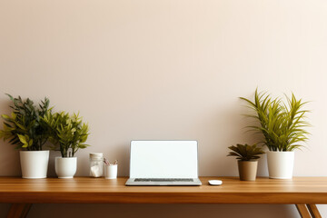 Obraz premium A minimalist home office setup with a laptop and plants, representing the trend of remote work. Generative Ai.