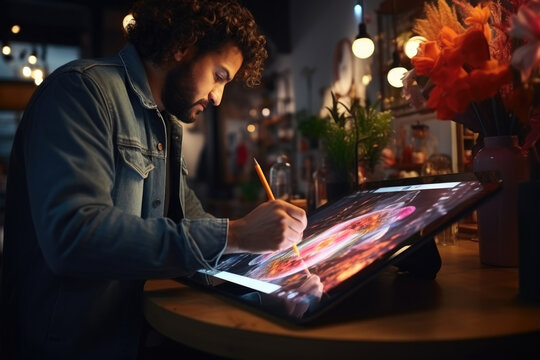 An artist working on a digital tablet, showcasing the blend of technology and creativity. Generative Ai. - Powered by Adobe