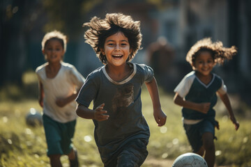 A group of kids playing soccer in a neighborhood field, symbolizing youth and community sports....