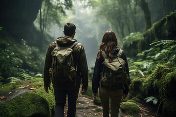A couple hiking in a lush forest, showcasing the beauty of nature and shared adventures. Generative Ai.