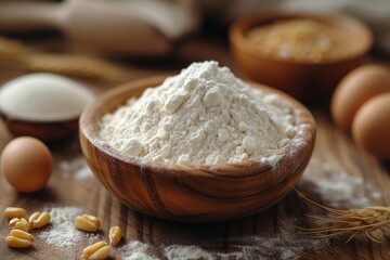 flour and rye atop a gray wooden table and wooden spoon