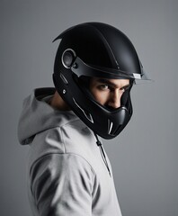 portrait of a man in a black coloured motorcycle helmet, isolated grey background
 - obrazy, fototapety, plakaty