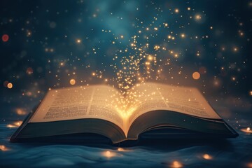 Open Book with Twinkling Stars in Night Sky Scene Above Pages. revealing the star. bokeh. fantasy scenery