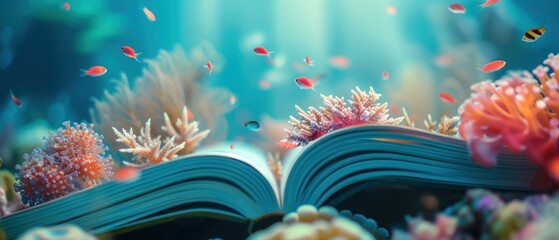 An open book with a vibrant coral reef scene, where tiny fish appear to swim off the pages.