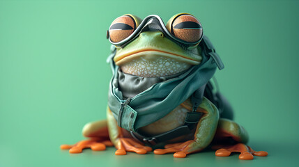 Whimsical Frog Wearing Aviator Gear on Green Background