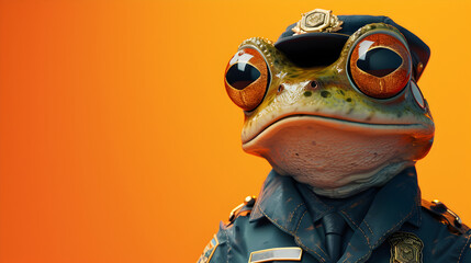 Cute Frog Wearing Police Outfit on orange background - obrazy, fototapety, plakaty