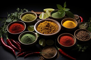 homemade vegetables, herbs and spices on dark background top view