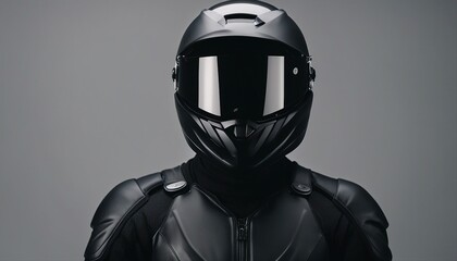 portrait of a person in a black color motorcycle helmet, isolated grey background 
