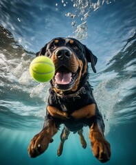 Spectacular portrait of a rottweiler chasing a tennis ball underwater
 - obrazy, fototapety, plakaty