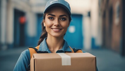 portrait of a Young delivery woman with package isolated on blue background
