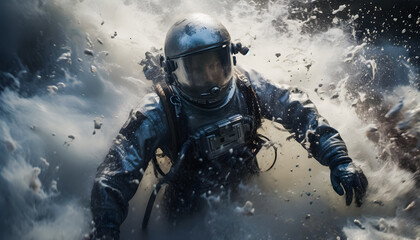 An astronaut walking on the surface of a desolate planet surrounded by smoke and flying debris. The astronaut, clad in a space suit, appears determined as they navigate the harsh environment