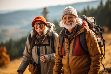 A pair of energetic seniors dons hiking gear, exploring scenic trails as they embark on a newfound passion for outdoor adventure, exemplifying the spirit of active. Generative Ai.