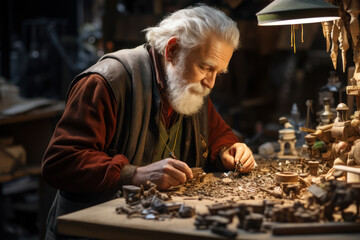 A silver-haired gentleman tinkers in a woodshop, fashioning intricate wooden sculptures, showcasing the craftsmanship and creativity that can flourish in retirement.  Generative Ai.