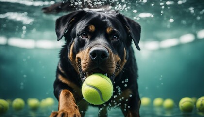Spectacular portrait of a rottweiler chasing a tennis ball underwater

 - obrazy, fototapety, plakaty