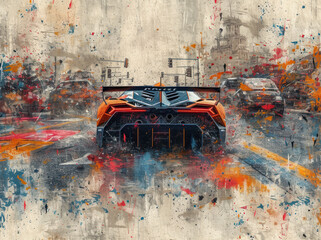 hyper sport car, psychedelic illustration, photo bashing, colorful explosions, pencil art illustration