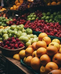 Naklejka na ściany i meble fresh raw fruits at bazaar; apricots, cherries, plums and grapes