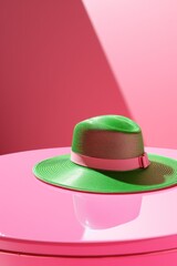 Stylish green Hat on Round pink Table