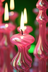 exquisite pink shaped lighted candles. original design. unique shape. green background.