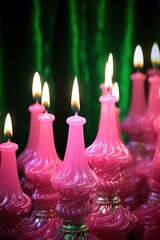 exquisite pink shaped lighted candles. original design. unique shape. green background.