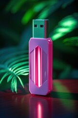 Pink USB Flash Drive on eco Green background