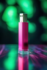 Pink USB Flash Drive on eco Green background