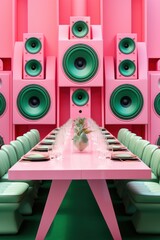 Pink Dining with Green Audio Speakers
