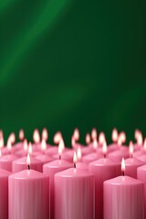 pink shaped lighted candles. romantic decor. unique shape. green background. free space