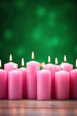 exquisite pink shaped lighted candles. romantic design. unique shape. green background. free space