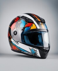 motorcycle helmet with colourful patterns isolated dimly lit white background, copy space for text


