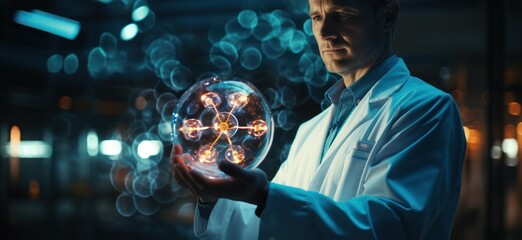 scientist doctor in lab coat extending robotic stethoscope over digital interface