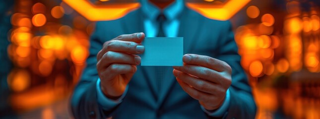 man in business suit holding up a business card - obrazy, fototapety, plakaty
