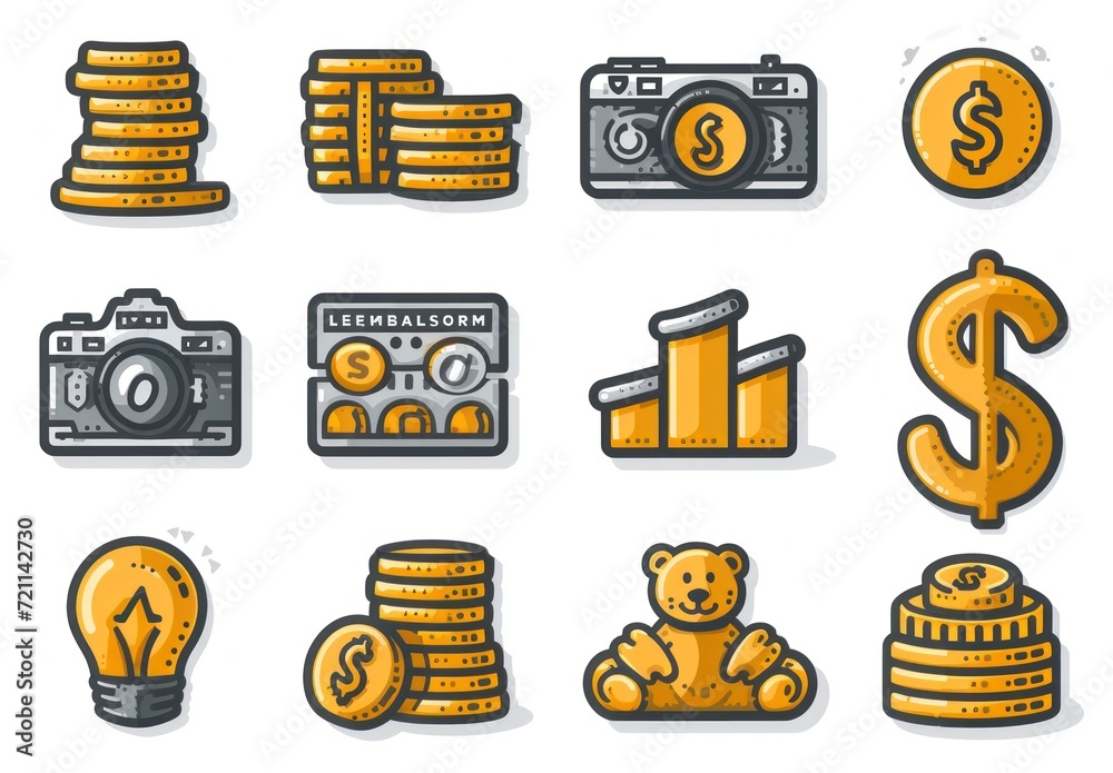 Wall mural finance, money line icon set,  dark yellow and dark black icons