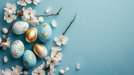 Fototapeta na wymiar Light blue and golden Easter eggs