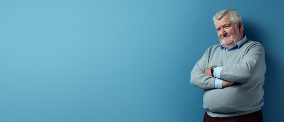 Elderly overweight man with crossed arms on blue background