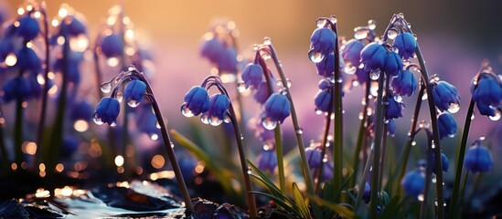 grape hyacinth grove growing in the garden with dew drops and bright sun - obrazy, fototapety, plakaty