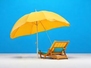 Beach chair and yellow umbrella on blue wall background.  AI Generated