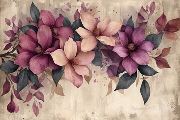 pink and purple orchids with leaves are watercolor illustrations