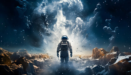 An astronaut walking on the surface of a desolate planet surrounded by smoke and flying debris. The astronaut, clad in a space suit, appears determined as they navigate the harsh environment