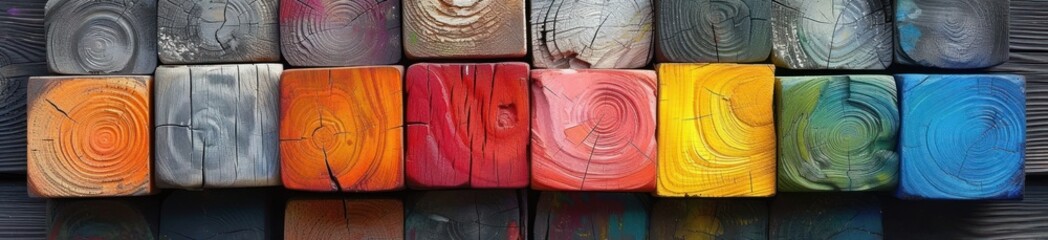 rainbow wood in different colors on a wall with bricks