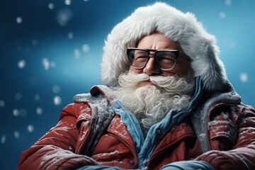 santa claus with glasses and beard is sitting on a blue background
