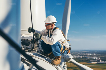 engineer wearing safety gear working at top of wind turbine.Maintenance wind turbine,Green energy concept .Working at height.